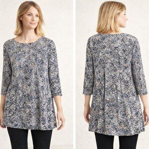 Pure Jill Tunic Top Medium Gray Abstract Print Cotton 3/4 Sleeve Pleated Artsy